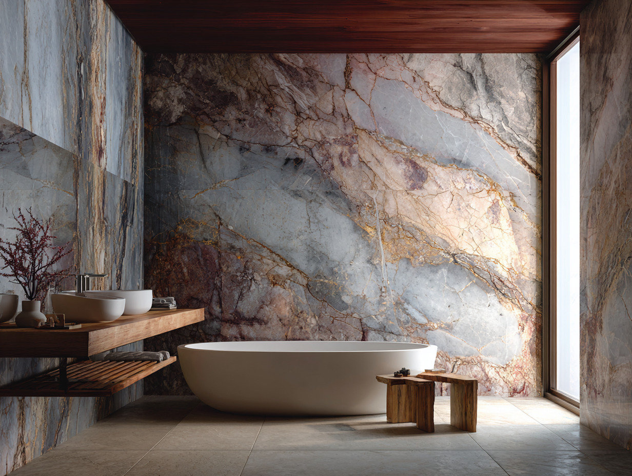 A serene bathroom with dramatic veined marble walls, freestanding tub and warm wood ceiling