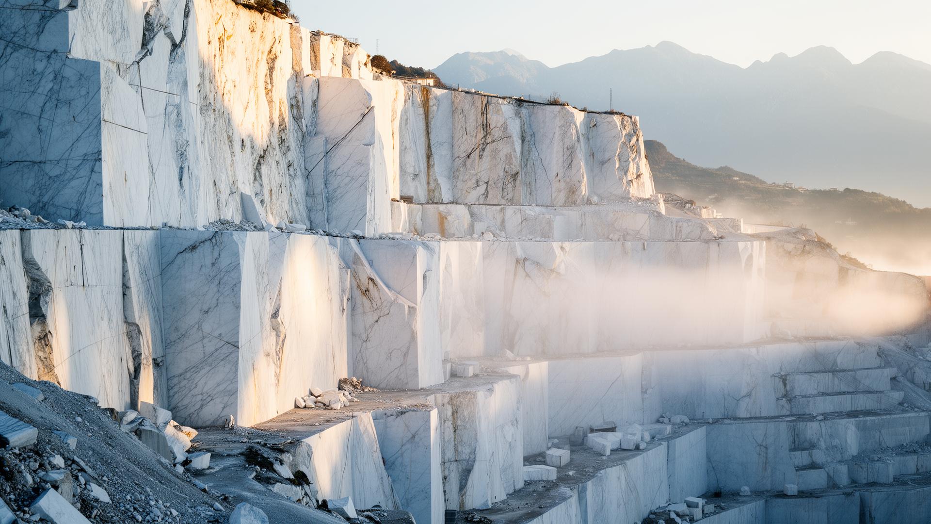 Terraced white marble cliffs at a Carrara quarry, mist rising over the Apuan Alps at sunrise