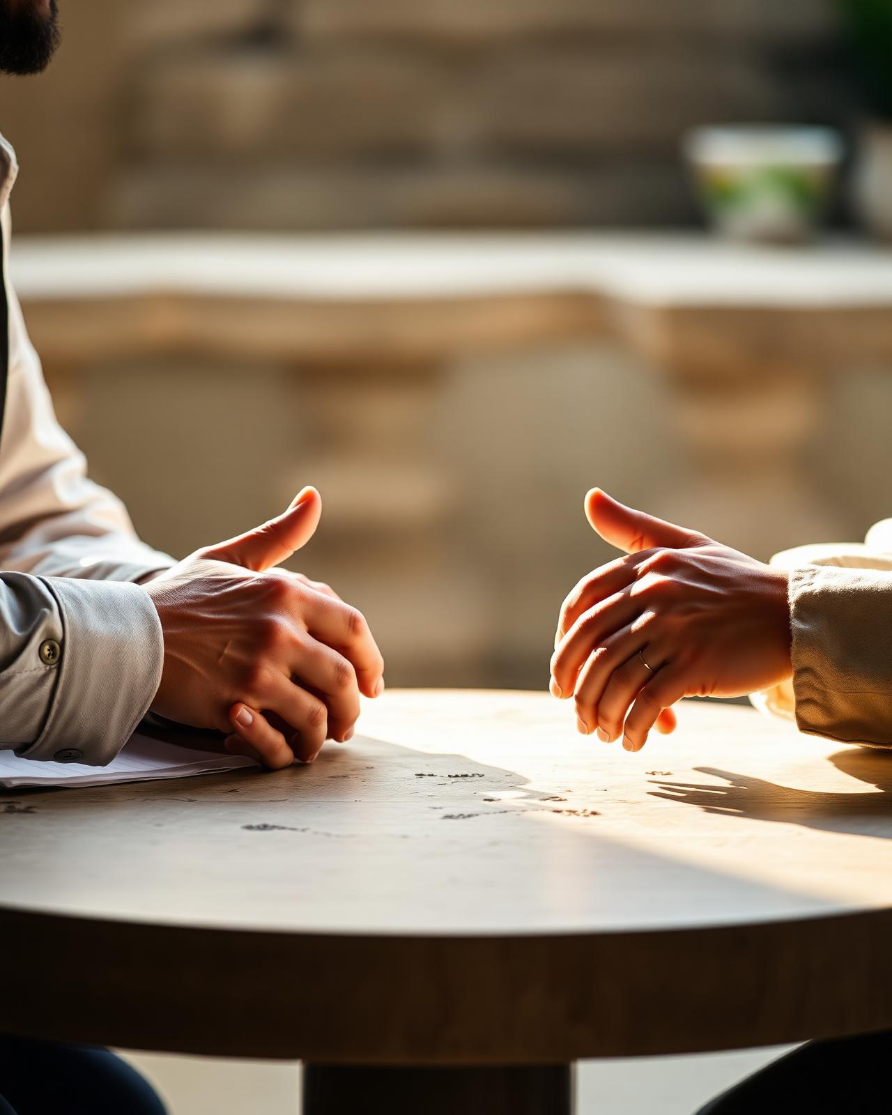 Two pairs of hands meeting across a stone consultation table